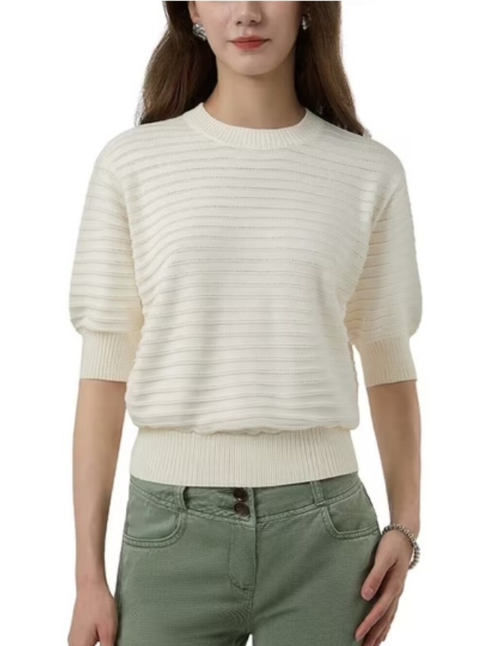 NWT FRYE Cream Textured Crewneck Short Sleeve Sweater Women's XL